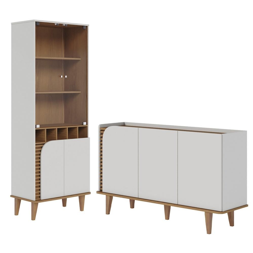 Balcão Buffet e Cristaleira com Adega Madrid C05 Off White Matte/Freijó - Mpozenato em Oferta na Shopee