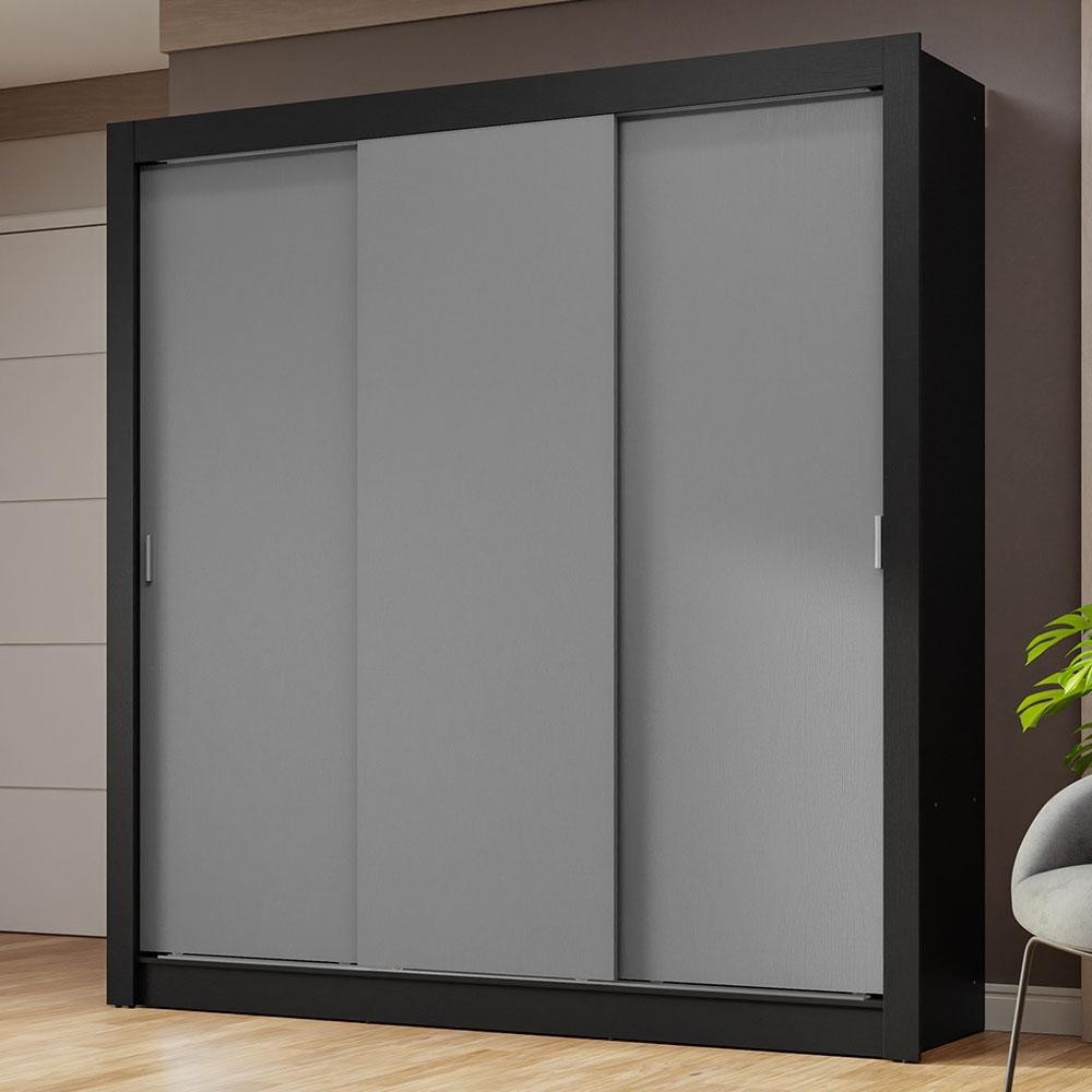 Guarda-Roupa Casal 3 Portas de Correr Preto/Cinza Nobre Madesa em Oferta na Shopee