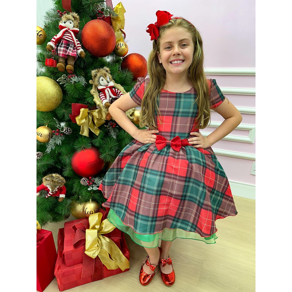 Vestido Xadrez Vermelho e Verde Infantil Juvenil Natal Festa Casual Menina Elegante Luxo