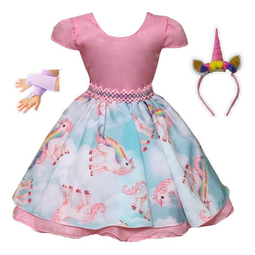 Vestido de Festa Unicórnio Cute Festa Infantil Tiara E Luvas