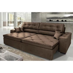 Sofá Austin 2,82m Retrátil, Reclinável com Molas no Assento e Almofadas, Suede Café Cama inBox