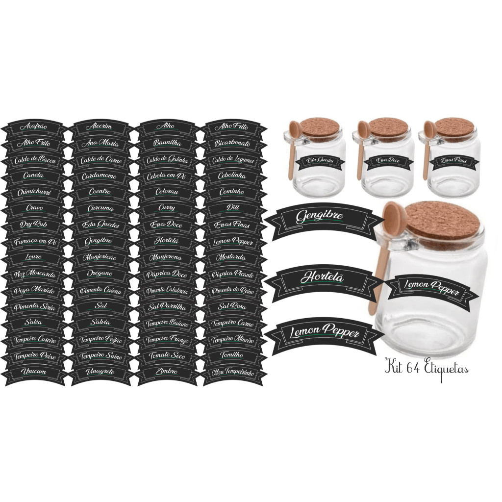 Kit 64 Adesivos tag rotulo etiqueta 4,8x1,4cm à Prova d'Água Água para Potes de Tempero Design em Elipse Bandeirinha e Cor Preta Vibrante Organização  e  Estilo Duradouros para Sua Cozinha e Potes de Tempero na cor preta para seu vidro pote tubete tempero