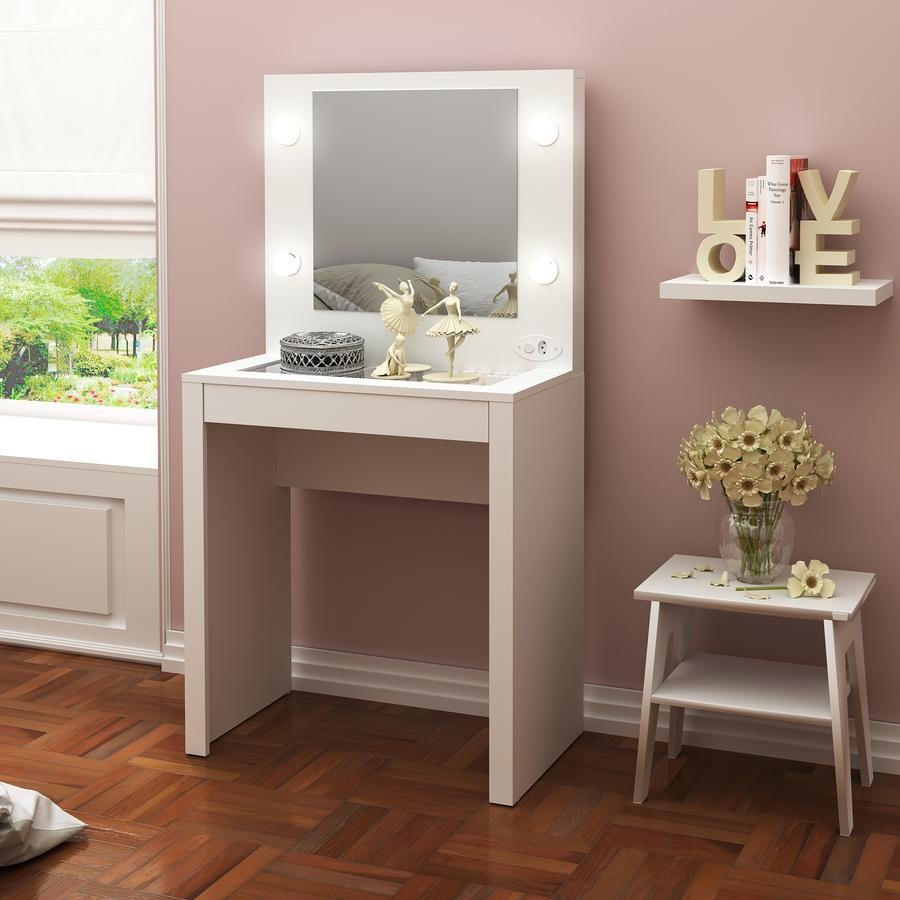 Penteadeira Camarim Com Luz Tampo Com Vidro 1 Gaveta Branca em Oferta na Shopee