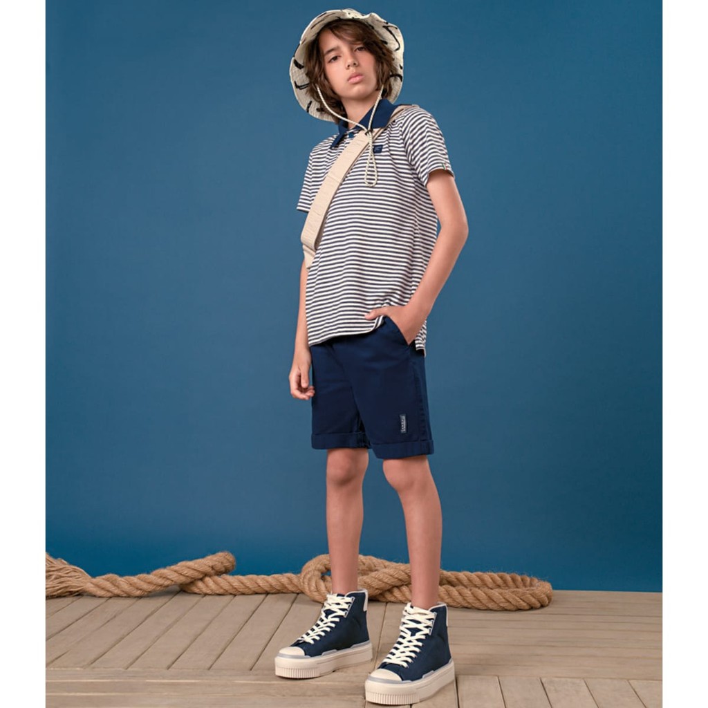 CONJUNTO INFANTIL CAMISETA POLO LISTRADA BERMUDA SARJA - LAMON