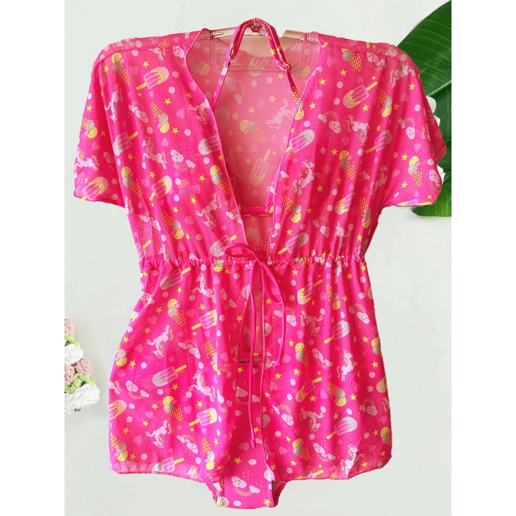 Kit 3 Peças Conjunto de Maiô Bikini e Saída de Praia / Banho Forrado para Meninas Infantil Pré-Adolescentes Estilosa Roupa de Banho de Verão