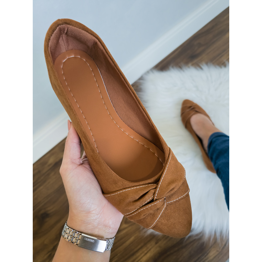 Sapatilha Feminina Bico Fino Rasteirinha Caramelo Nude Moda Confortável Casual Trançada Suede