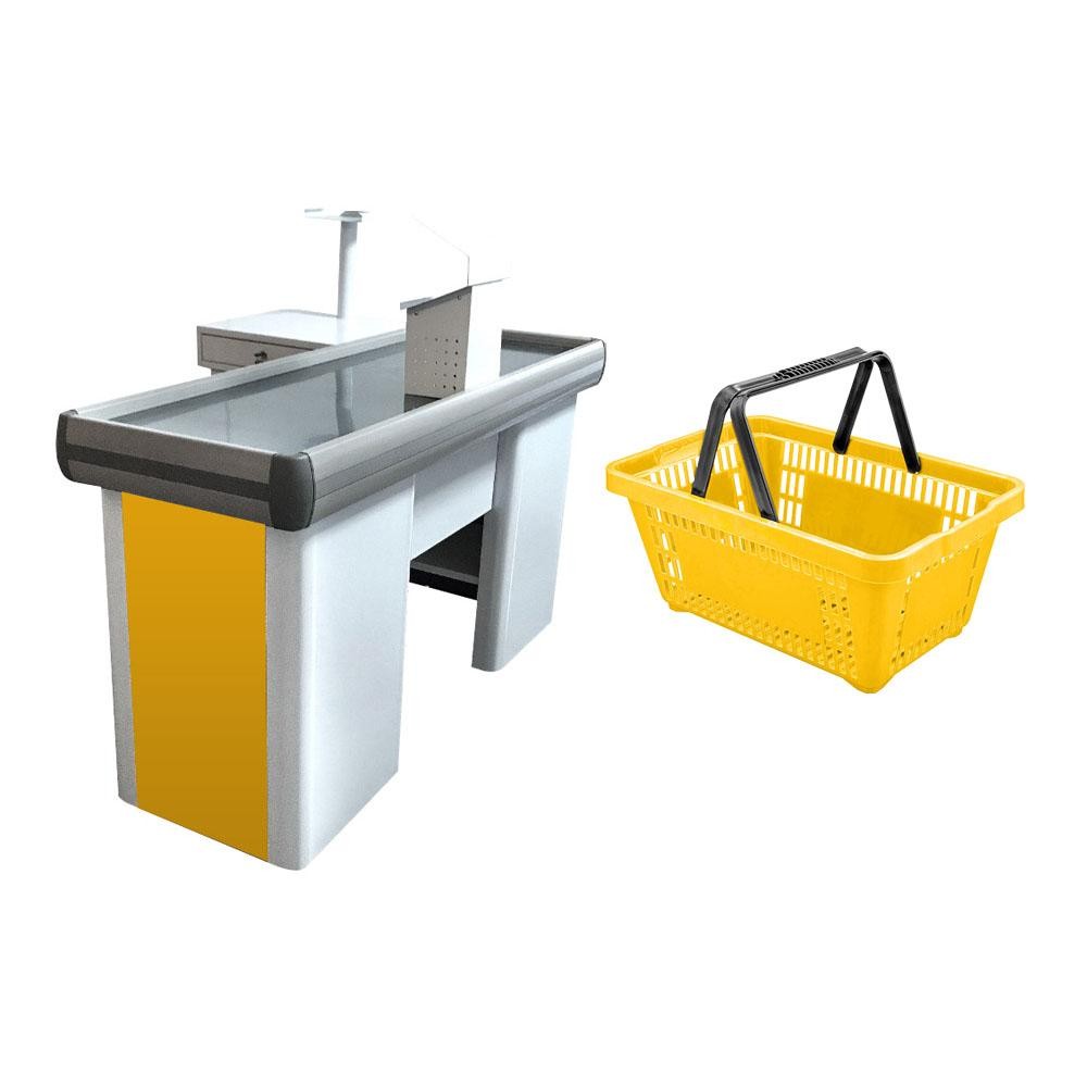 KIT - Caixa Supermercado Empacotador Check-out 1,5m Recorte + 20 Cestos de Compras Amarelo