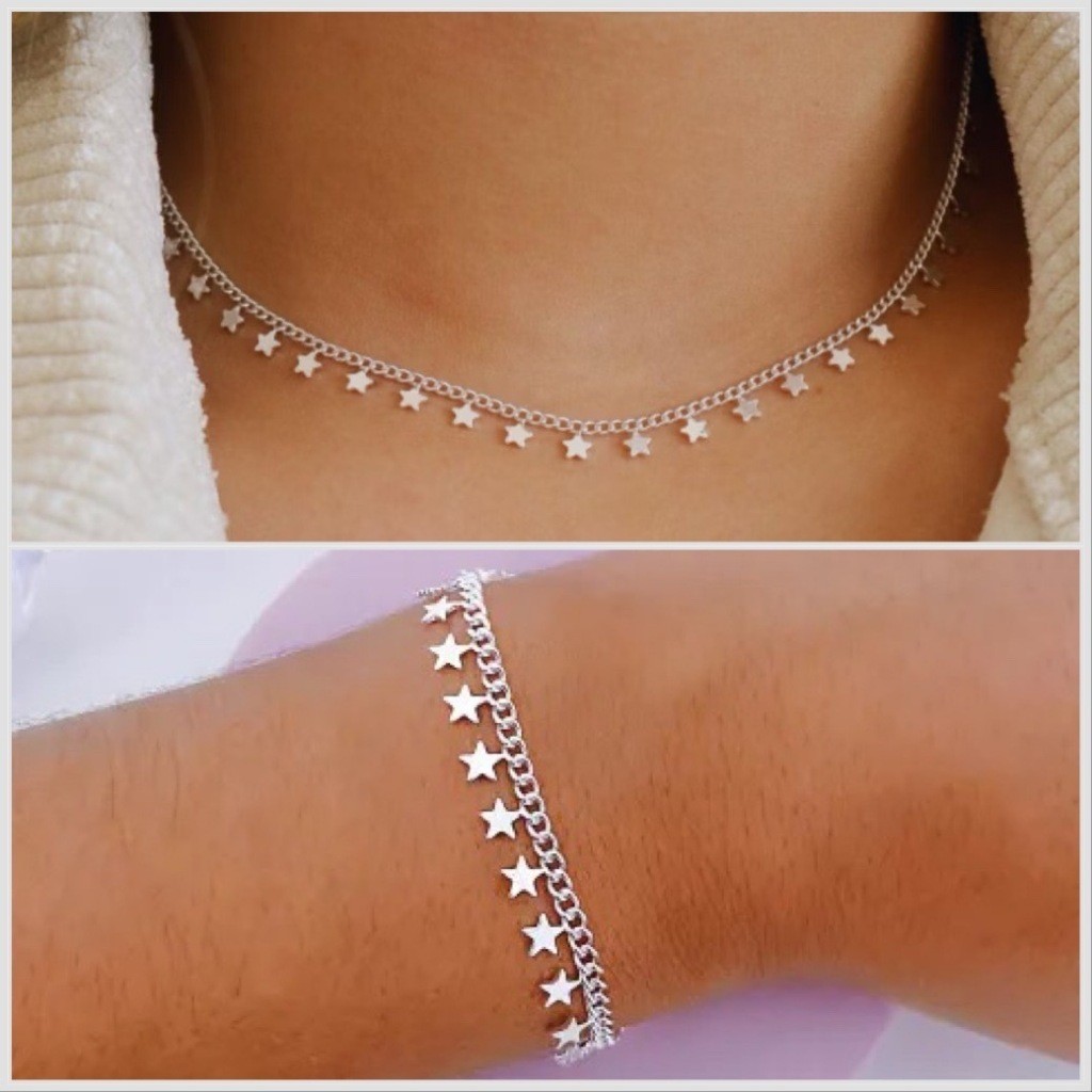 Kit Gargantilha Choker e Pulseira Estrelinha cordão elos  Prata 925 e ouro 18K em Oferta na Shopee