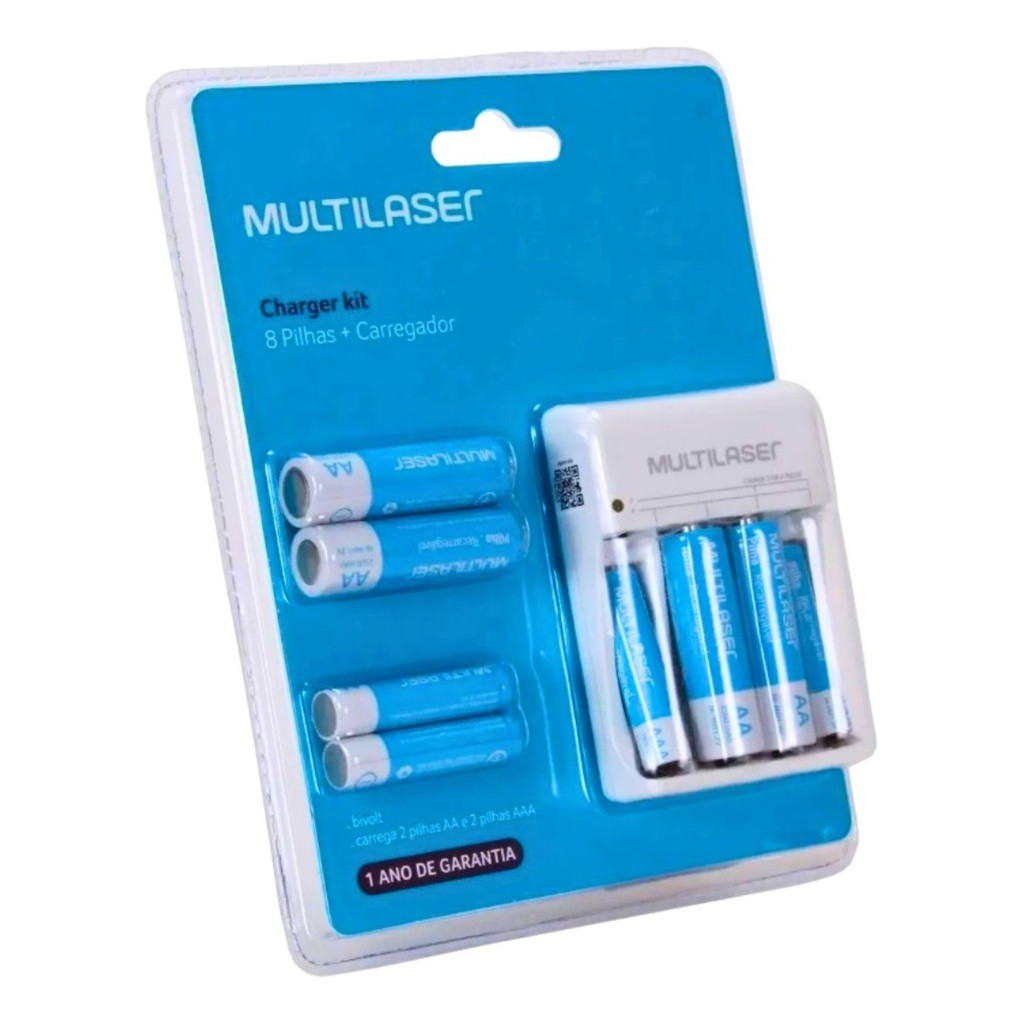 Kit 8 Pilhas Recarregáveis AA e AAA + Carregador de Pilhas Multilaser