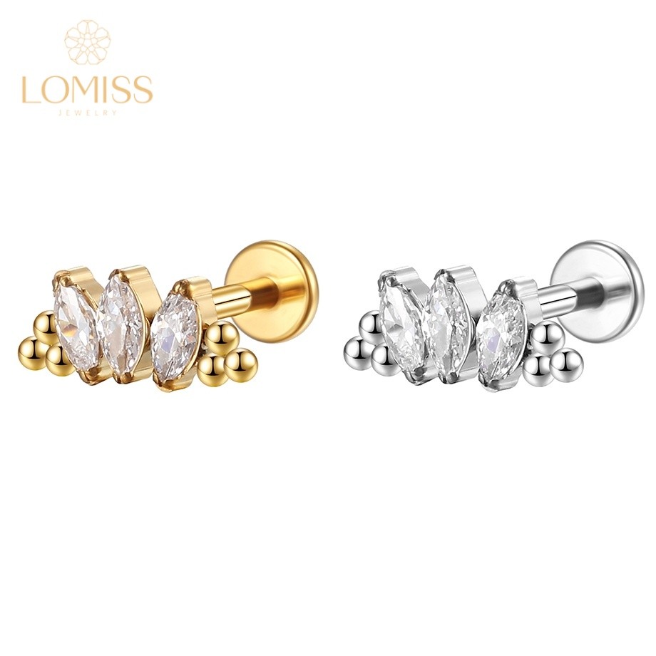 Lomiss Piercing Helix Tragus Conch Boca-Medusa Labret Aço Cirúrgico 3 Pedras Zircônia Cravejada