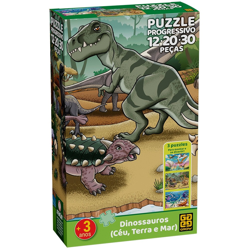 KIT 3 QUEBRA CABEÇAS DINOSSAUROS CÉU TERRA E MAR PROGRESSIVO 12 20 30 PEÇAS GROW PUZZLE DINO FÓSSEIS em Oferta na Shopee