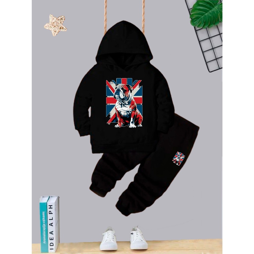 Conjunto Moletom Infantil Blusa + Calça Menino Inverno Flanelado Com Estampa Divertida Dog Inglaterra Capuz e Bolso