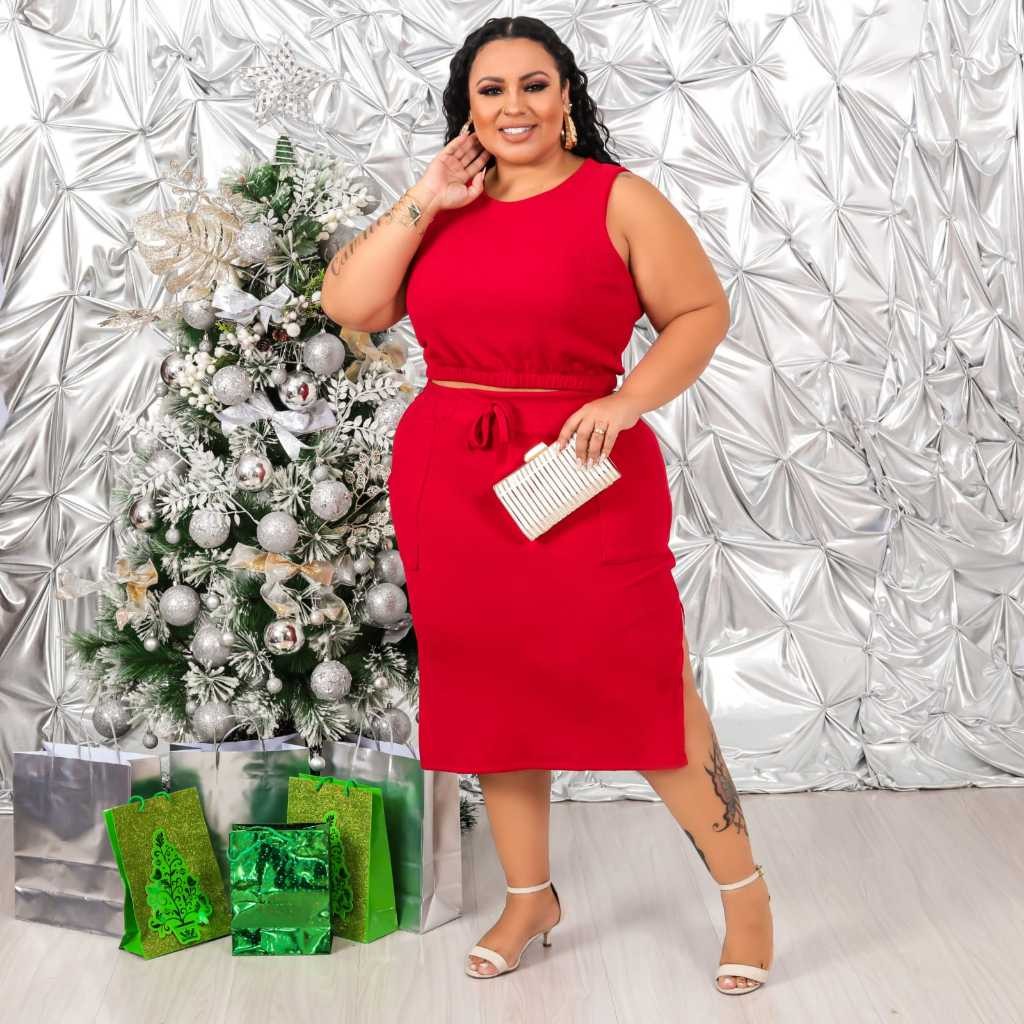 Conjunto Feminino Plus Size Lille / Saia Midi e Cropped / Blusi Regata Feminina / Gola Redonda e Alta / Tecido Canelado