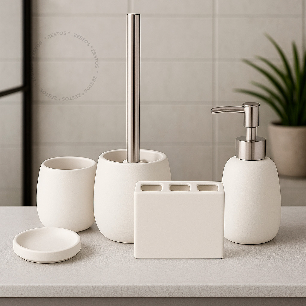 Kit acessórios Banheiro lavabo cerâmica 5 Peças Branco elegante saboneteira porta escova p...