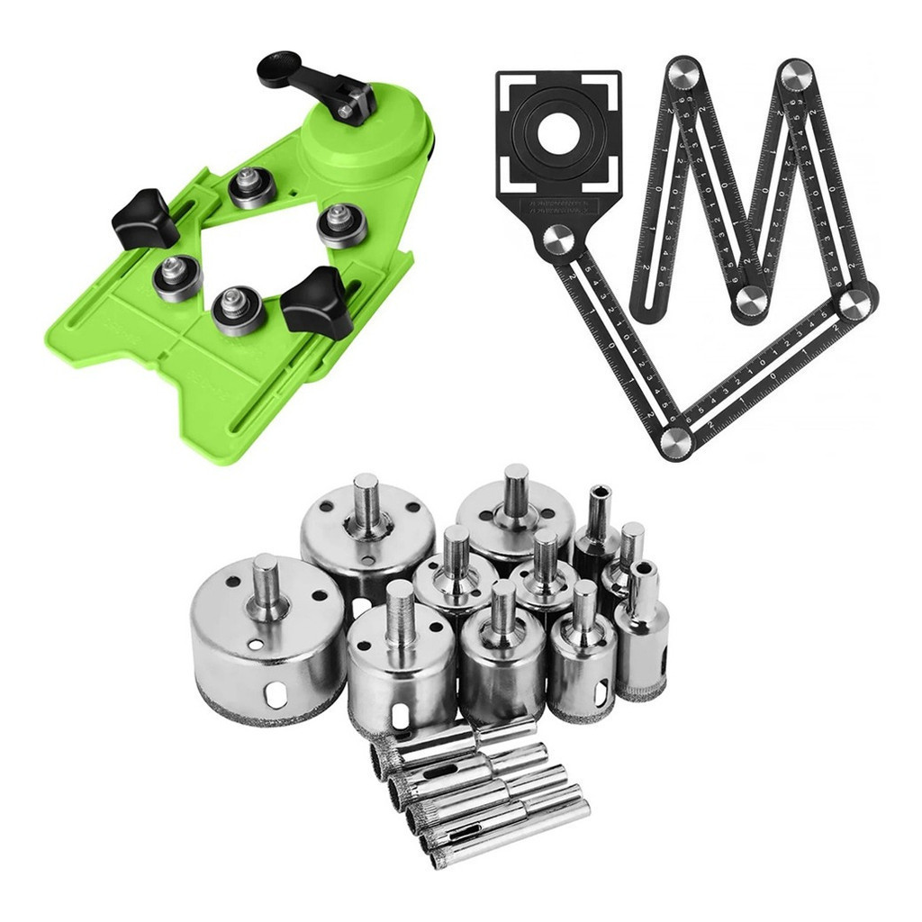 Kit 16 Brocas Diamantadas + Gabarito Furo 4mm x 83mm + Régua Multi Ângulos 6 Dobras para Cortes Piso
 em Oferta na Shopee