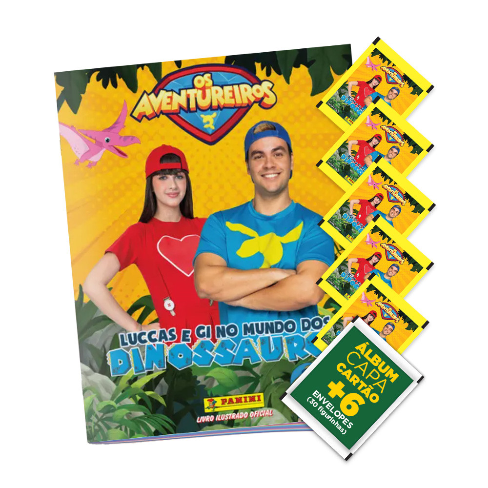 Álbum Luccas Neto e Gi + 6 Envelopes (30 Figurinhas) - Os Aventureiros no Mundo dos Dinossauros em Oferta na Shopee