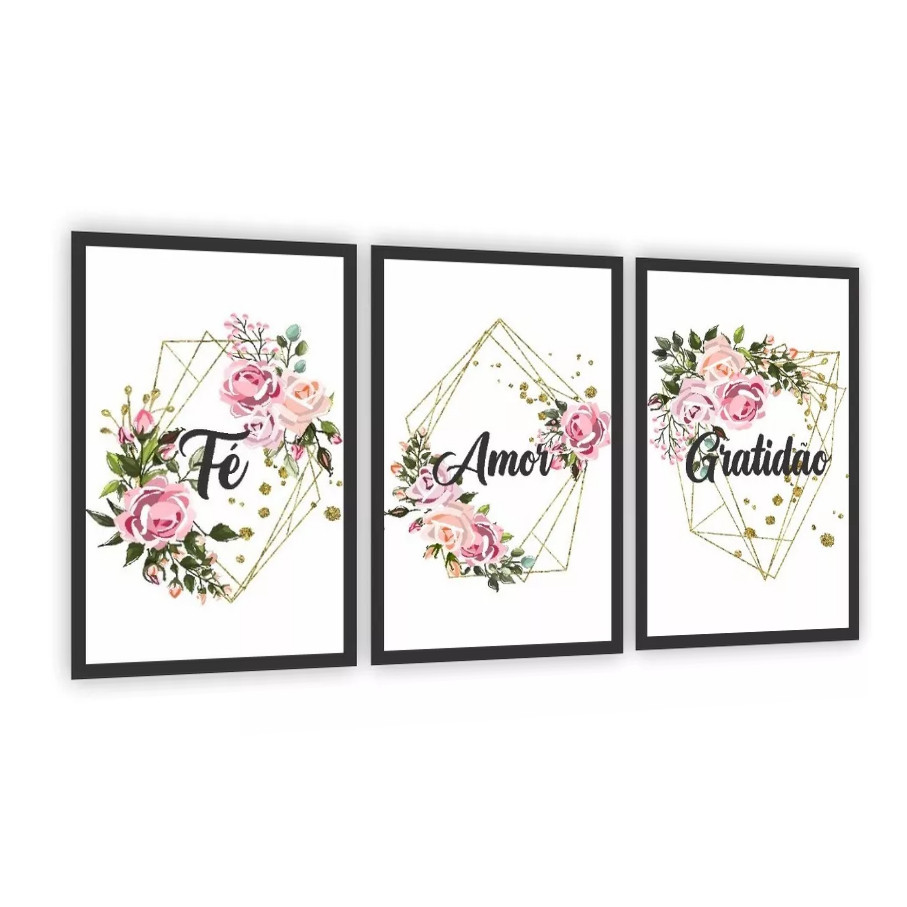 Kit 3 Quadros Decorativos Faith Quotes Flowers Living Room Bedroom Wall Decoration