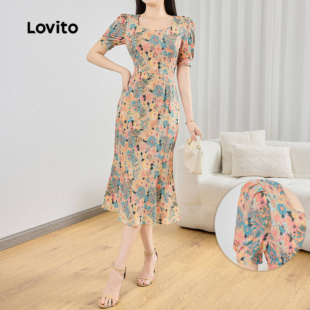 Lovito Vestido Elegante Com Estrutura Floral E Multicolorido Para Primavera/verão Para Mulheres L134ED427 em Oferta na Shopee