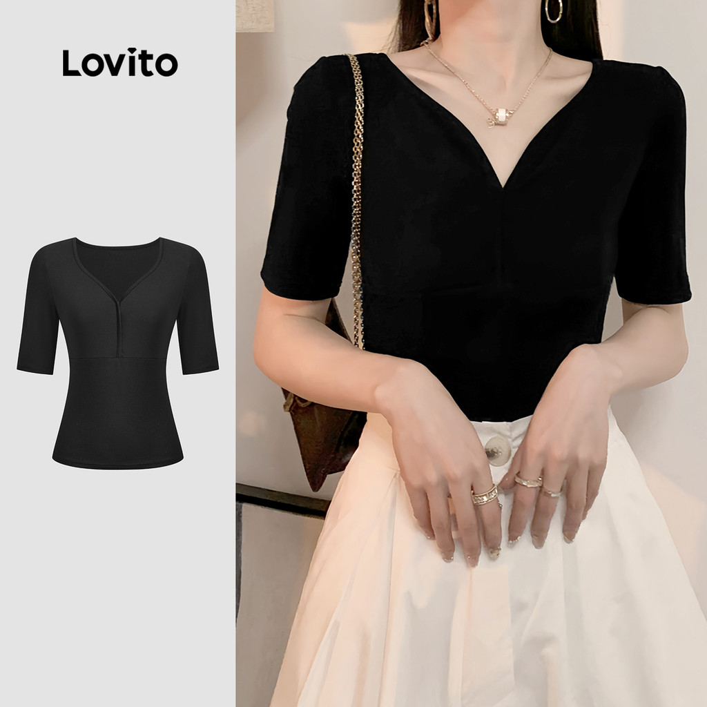 Lovito Camiseta Oficial Elegante Com Estrutura Lisa Para Mulheres L132ED345 em Oferta na Shopee