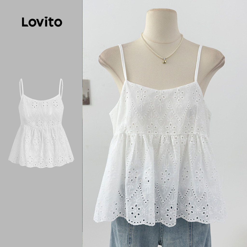 Lovito Blusa Casual Fina Transparente Bordado Inglês Macia Confortável Na Off-white Ideal Para Primavera/verão L137ED199 em Oferta na Shopee