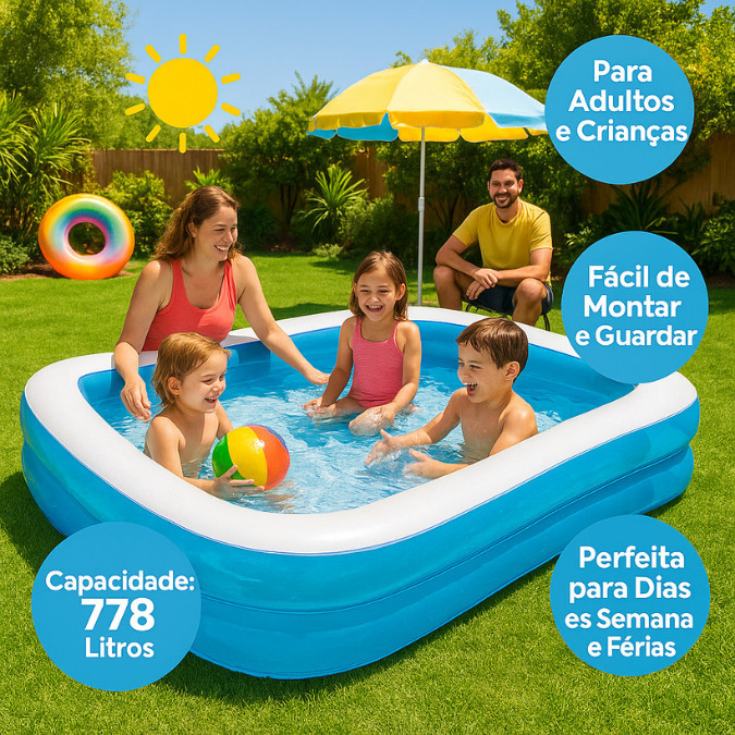 Kit Piscina Inflável Retangular 778 Litros Bomba Férias Verão Calor Acessórios Criança Adulto