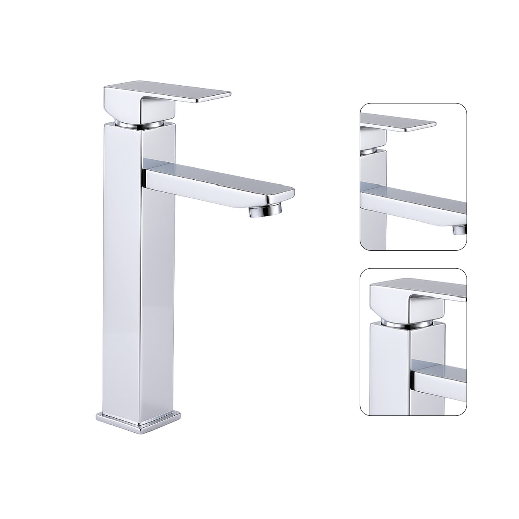 Torneira Para Banheiro Misturador Monocomando Bica Alta Cromado Inox Quadrada Luxo com Engate