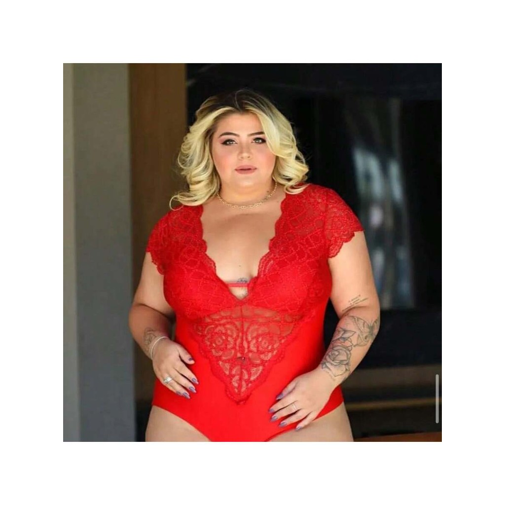 Body plus size renda vermelha body decotado maguinha renda plus size
