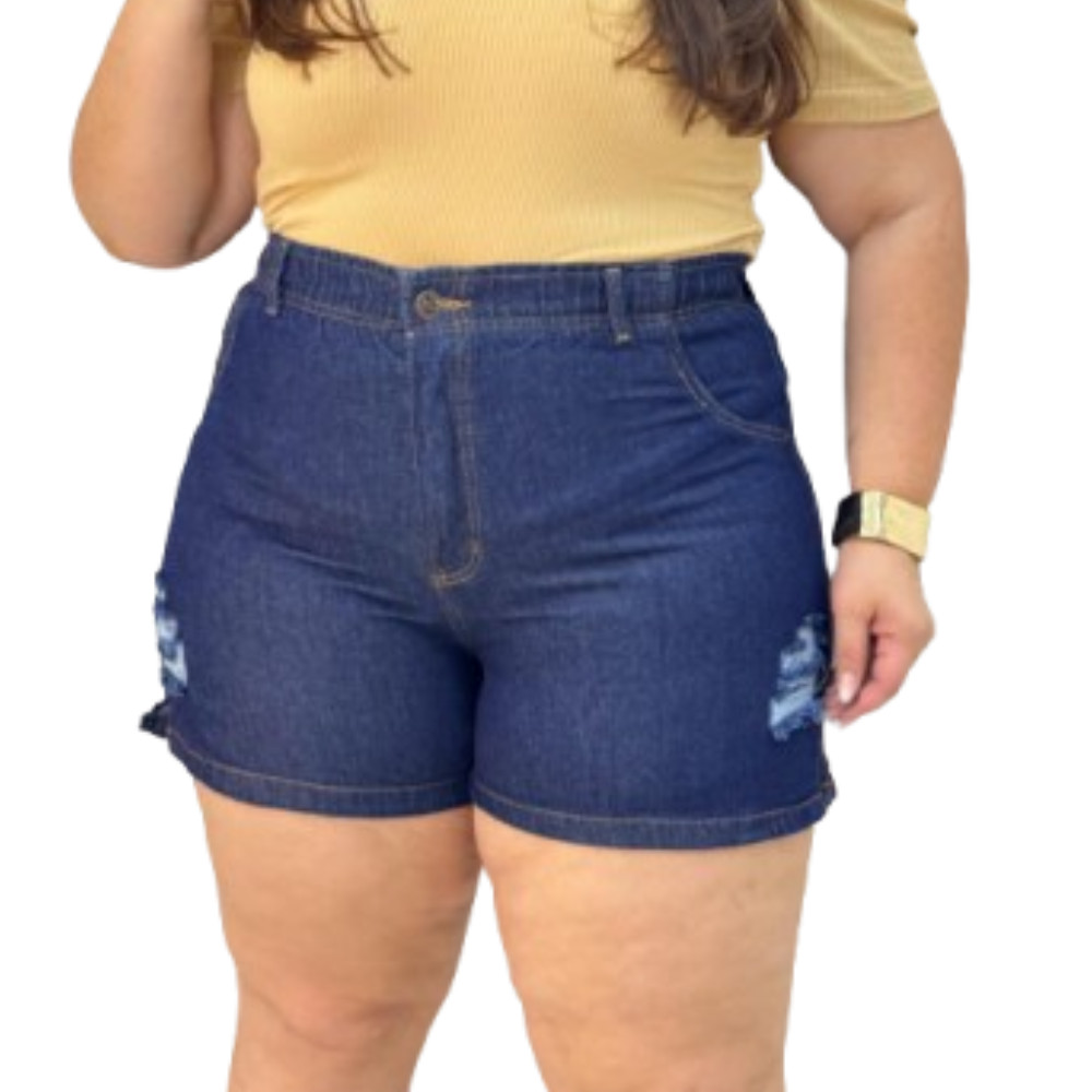 Short Jeans Feminino Plus Size Elastico na Cintura detonado