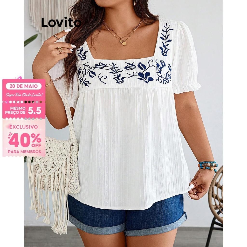 (Trendy) Lovito Blusa Curva Plus Size Boho Blusa Lisa Com Padrão Para Mulheres LBL17779 - Women Clothes