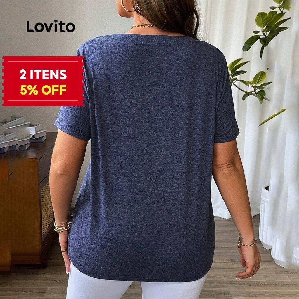 (Trendy) Lovito Camiseta Curva Plus Size Casual Lisa Cruzada Para Mulheres L18BR1099 - Women Clothes