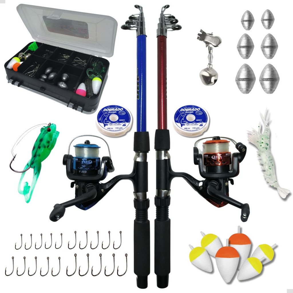 Kit Pesca Completo 2 Varas 1,70m e 2 Molinetes + Estojo Com Acessórios Anzol Chumbo Boia Iscas