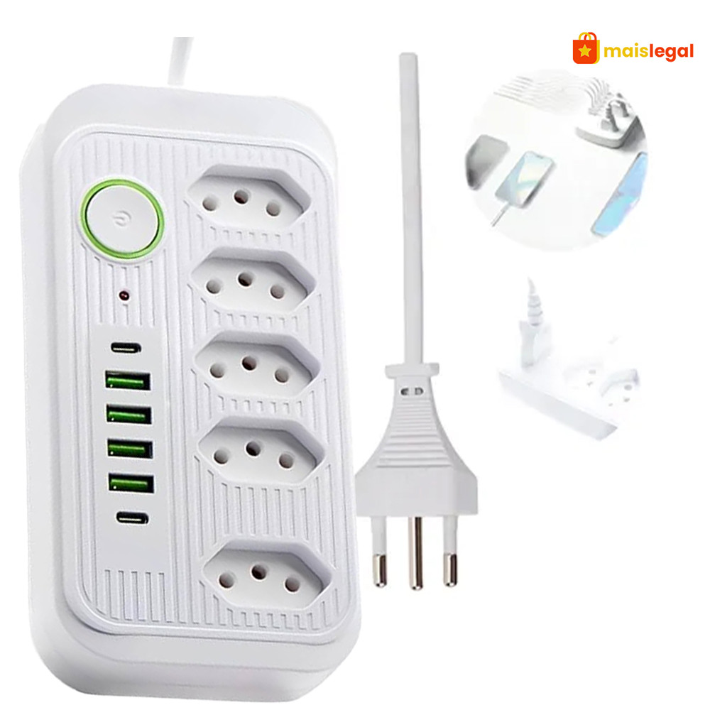 Regua de Tomadas USB Bivolt 5+ Tomadas - Coibeu Extensão Filtro Segurança com 4 Portas USB Tipo C, Cabo Energia