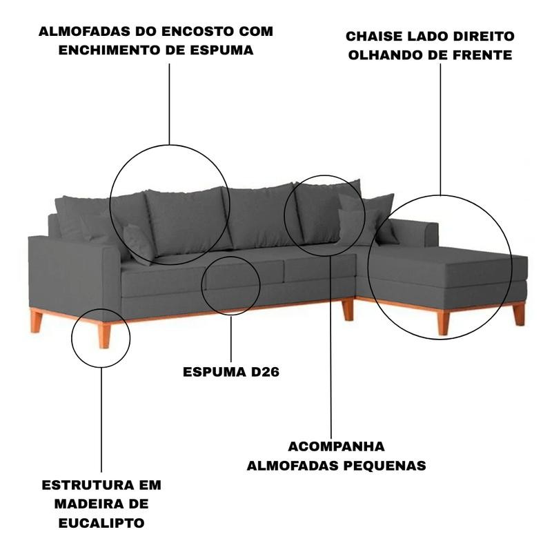 Sofá 4 Lugares Beny com Chaise Direito Suede Cinza