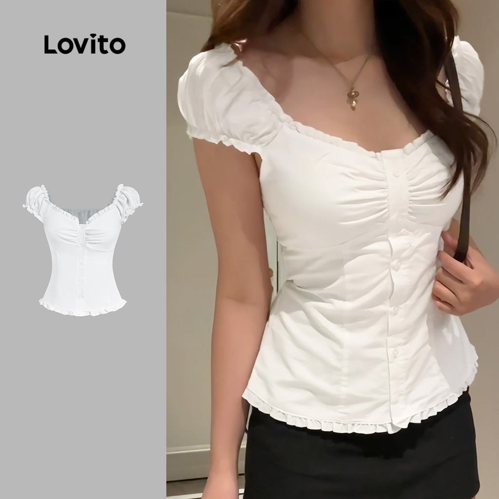 (New) Lovito Blusa Fofa com Acabamento de Alface de Primavera/verão Branca para mulheres L143AD190