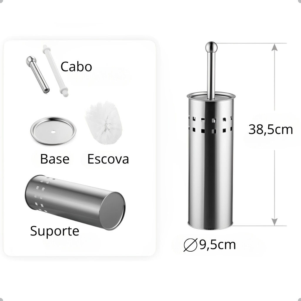 Kit Lixeira de Inox 3 Litros Redonda Com Balde Removível e Pedal + Escova Sanitária Inox