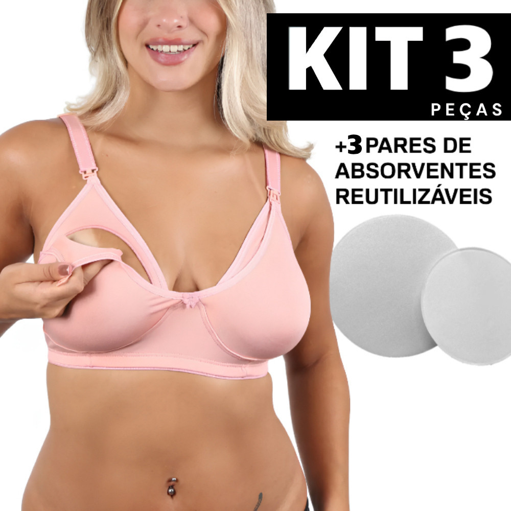 Kit 3 ou 2 Sutiã Amamentação Reforçado Sem Bojo + Absorventes Laváveis Confortável para Gestante