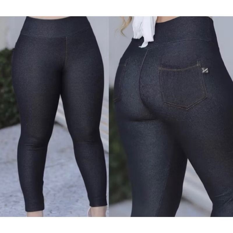 Calça Legging Jeans Fake Bolso Cintura Alta Algodão em Oferta na Shopee