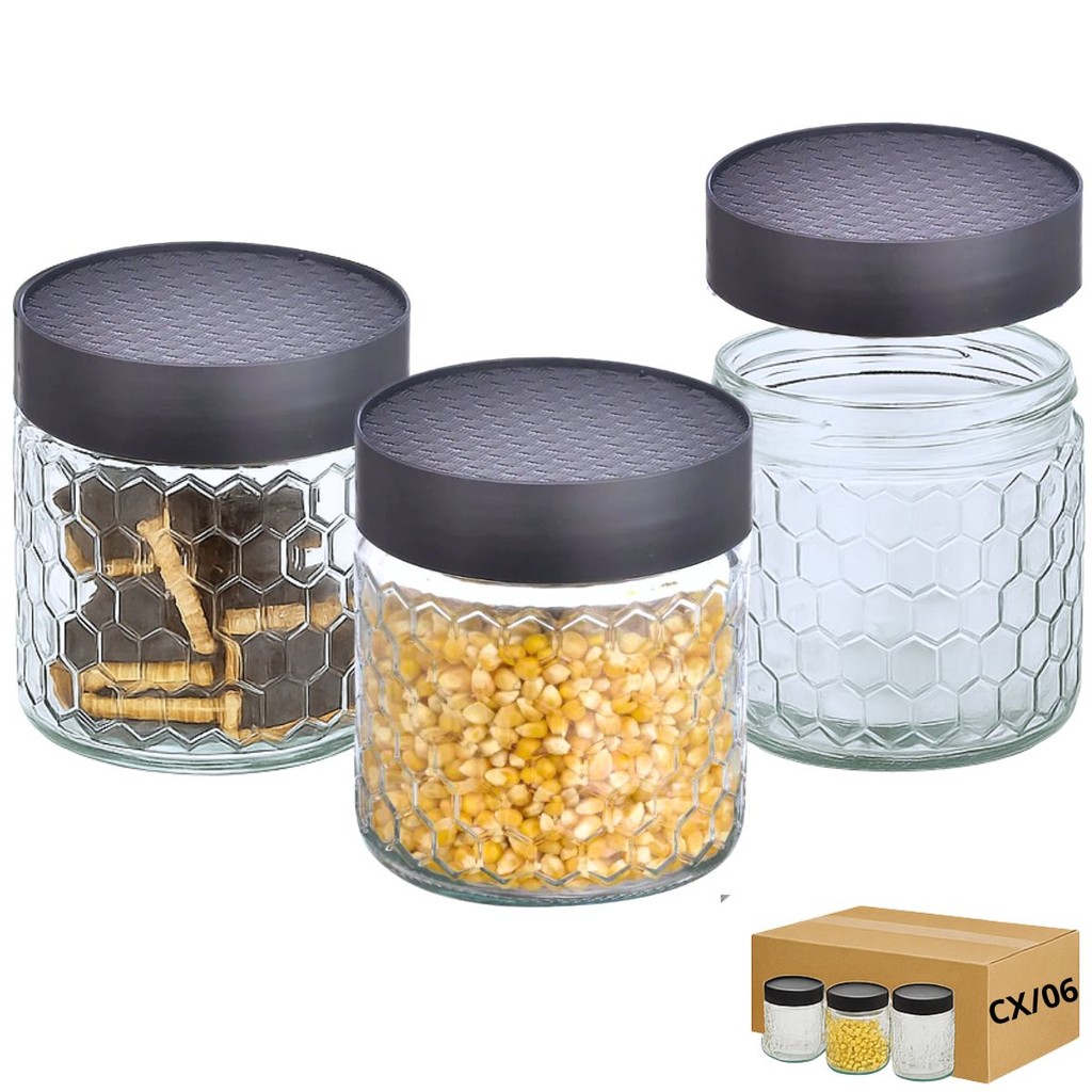 Kit 6 Potes Vidro Colmeia 880ml com Tampa Plastica Atacado