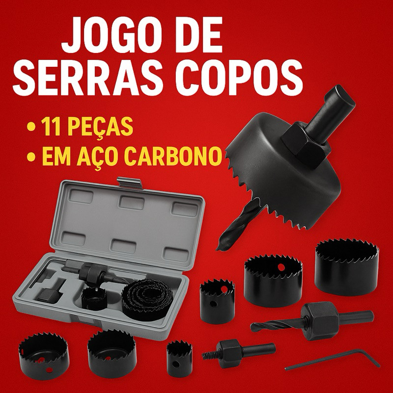 Jogo de Serra copo profissional maleta 11 peças e 6 peças madeira e gesso, material aço carbono.