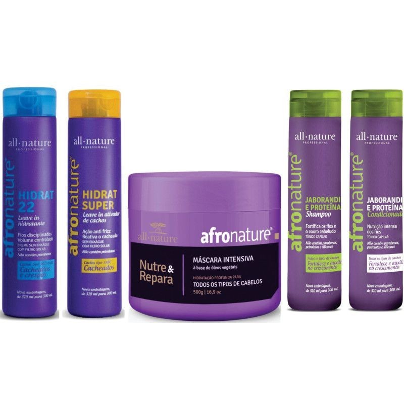Kit de Manutenção; Hidrat 22 e Ativador Cachos 300ml + Máscara Intensiva 500g + Shampoo e Condicionador Jaborandi 300ml Afro Nature - All Nature