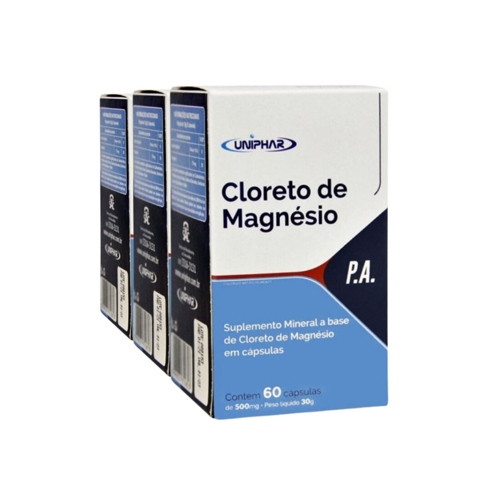 Kit 3 Cloreto de Magnésio P.A. 500mg 60 Cápsulas Suplemento Mineral para Saúde - Uniphar - 1068-3