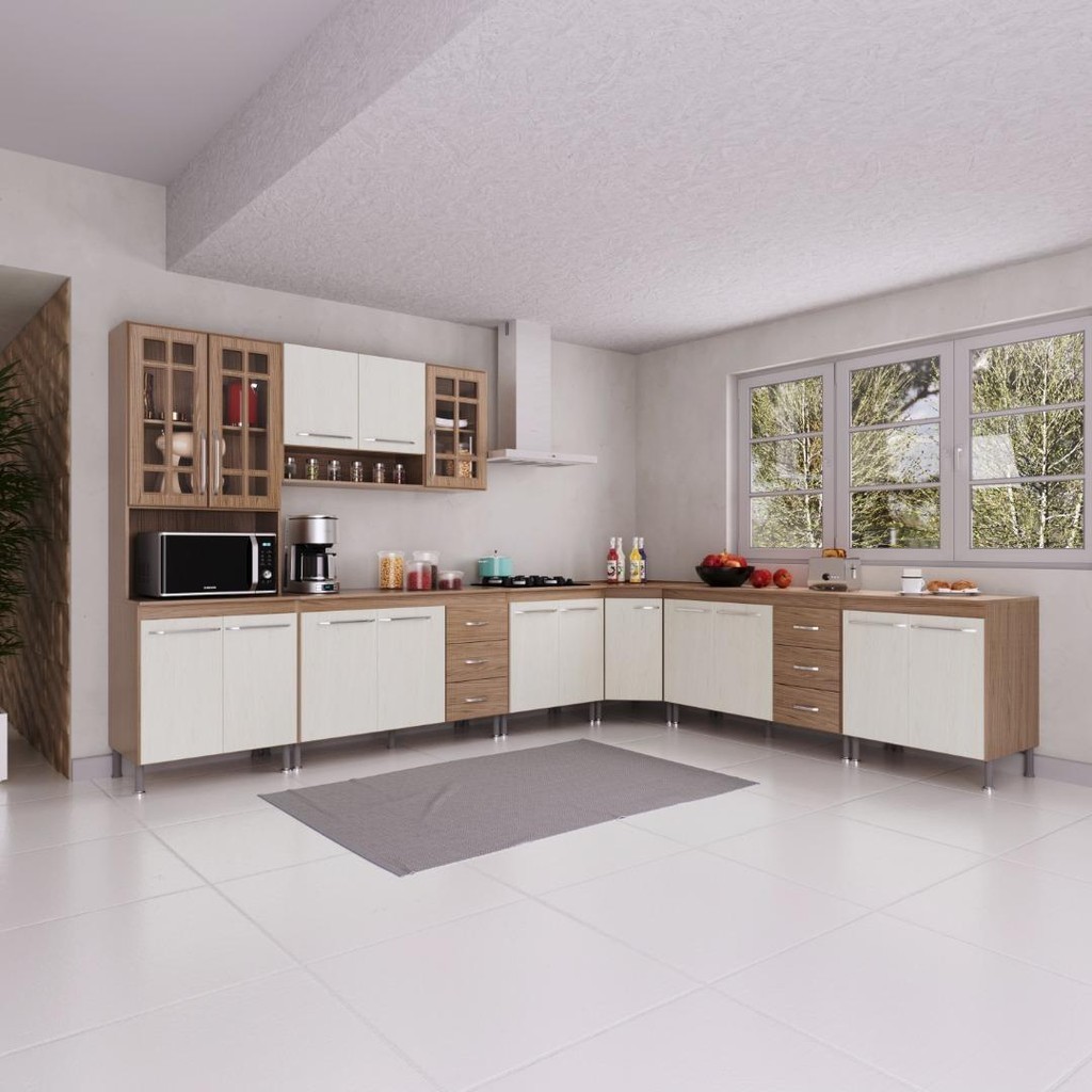 Cozinha Modulada Completa Fidelitá Paris 7 Peças 600cm 16 Portas 6 Gavetas Com Tampo Nogal...