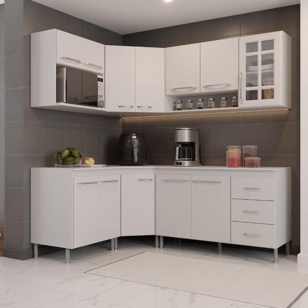 Cozinha Modulada Completa Fidelitá Viena 6 Peças 340cm 12 Portas 3 Gavetas Com Tampo Branco - Home & Living