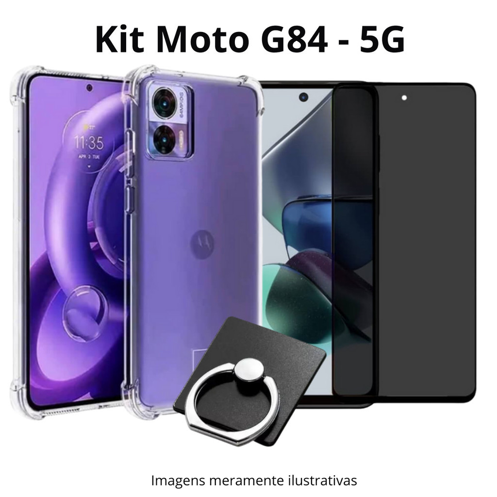 Kit Película Privacidade 3D + Capa Anti Shock + Suporte de Anel para Celular Moto G84