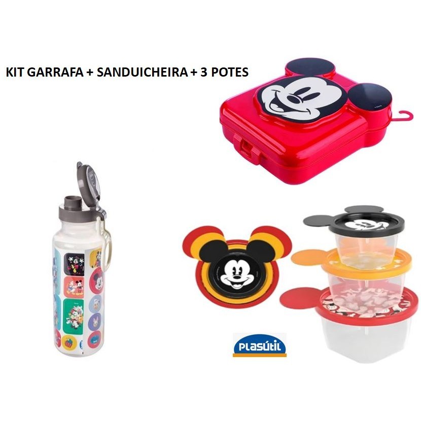 Kit 3 Potinhos Sanduicheira Garrafa Mickey Plasútil lanche escolar frutas plasutil