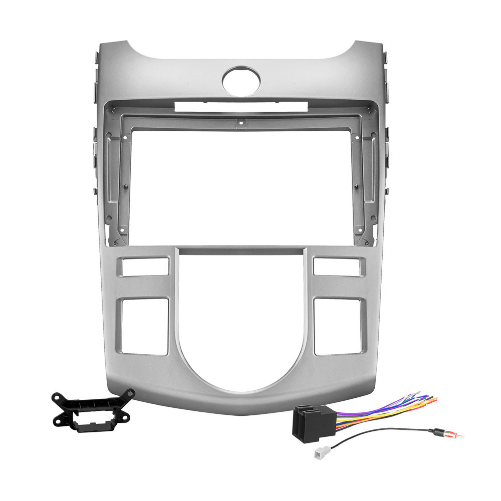 Kit Moldura Painel 9 Pol Cerato Ar Automático 2009 2010 2011 2012 2 Din Prata Chicote Som Plug Antena