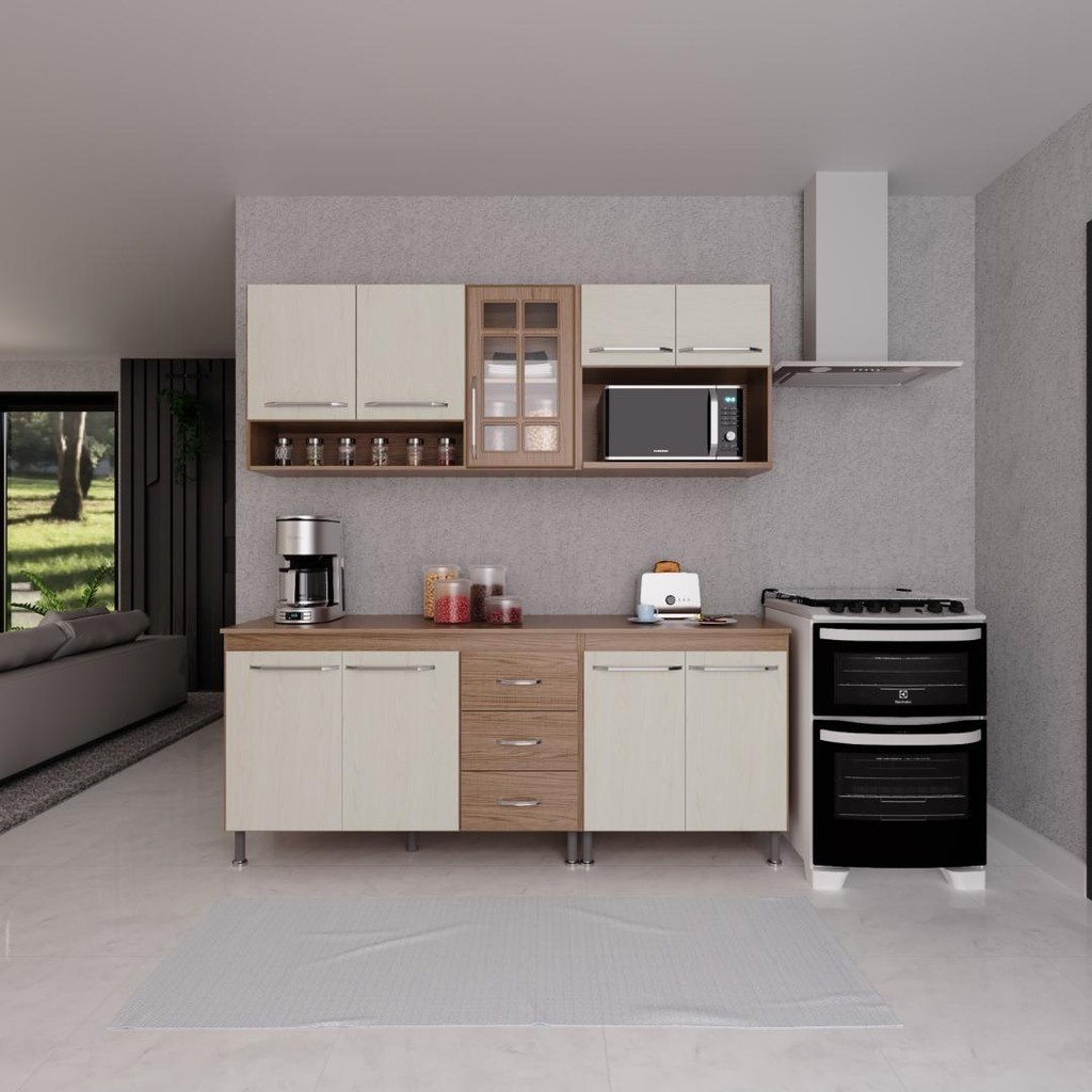 Cozinha Modulada Compacta Fidelitá Paris 4 Peças 190cm 9 Portas 3 Gavetas Com Tampo Nogal/Salinas - Home & Living