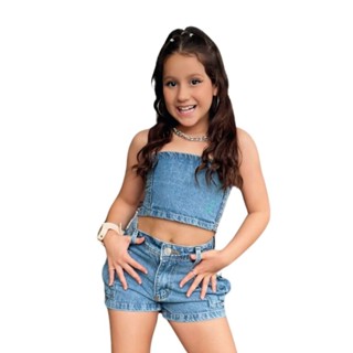 Conjunto Ana Julia jeans juvenil cropped liso e short cargo tendencia menina estilo all jeans em Oferta na Shopee