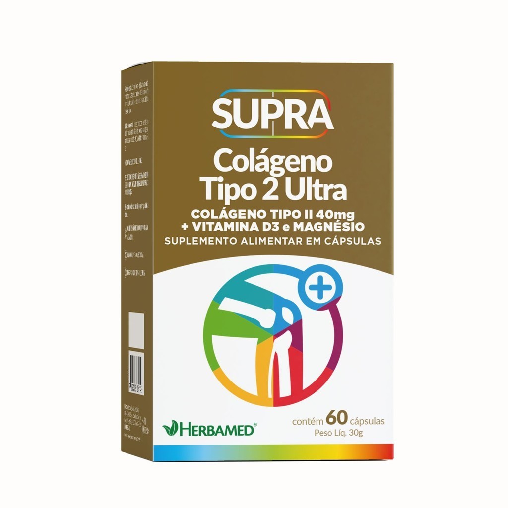 Supra Colágeno Tipo 2 Ultra - 60 Cápsulas - Herbamed (Vitamina D, Magnesio) Para Articulações