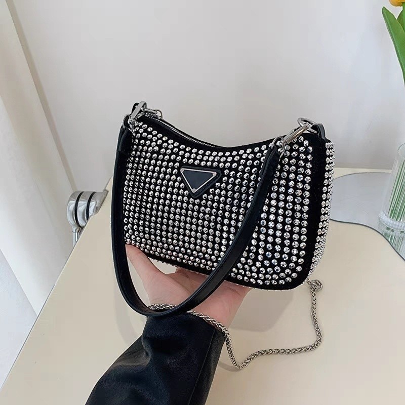 Bolsa Feminina Pequena Transversal Alça de Corrente Prata Brilho Cristais Strass em Oferta na Shopee